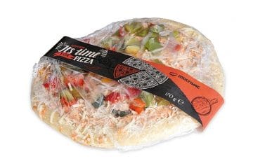 Full wrap labelling solution for pizzas and flat food products