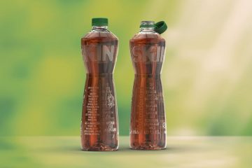1SKIN label-less recycled PET bottle with tethered cap: sustainable design