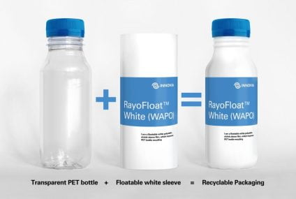 White floatable PO shrink film to increase recycling of food grade PET packaging